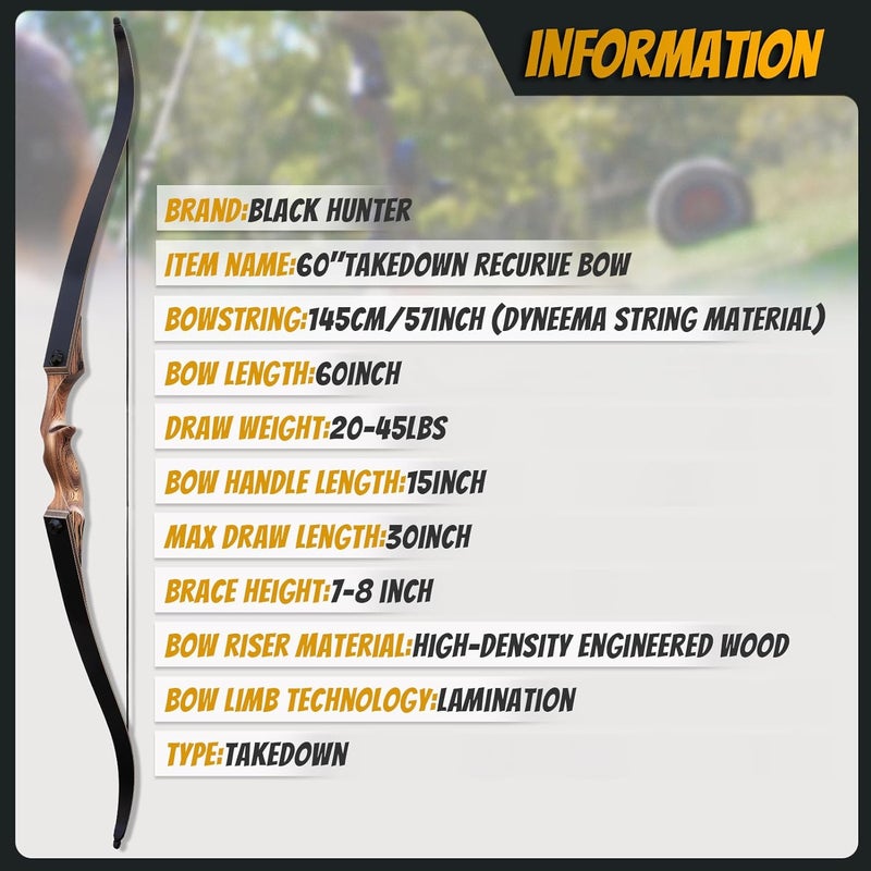 HANDBAIGE 60" Black Hunter Takedown Recurve Bow 20-60lbs Right Hand Archery Bows for Adults Traditional Wooden Hunting Bow for Outdoor Hunting Shooting - Image 3